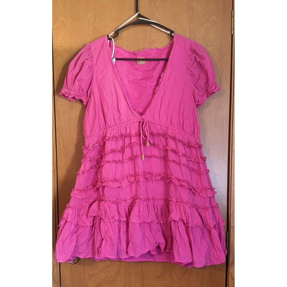 Free People Free-est Darcy Pink Tiered Mini Dress V-Neck Ruffle Short Sleeve- M
